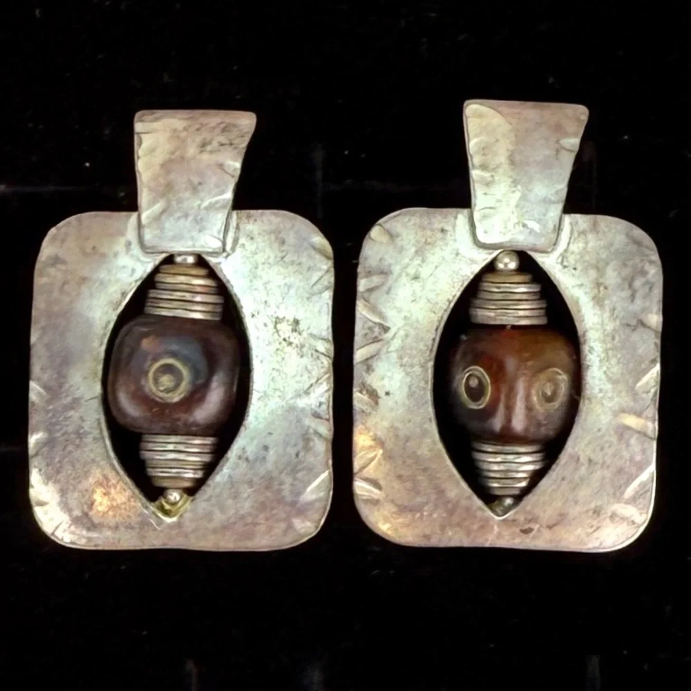 Vintage Marjorie Baer SF Modernist Beaded Geometric Pierced Earrings